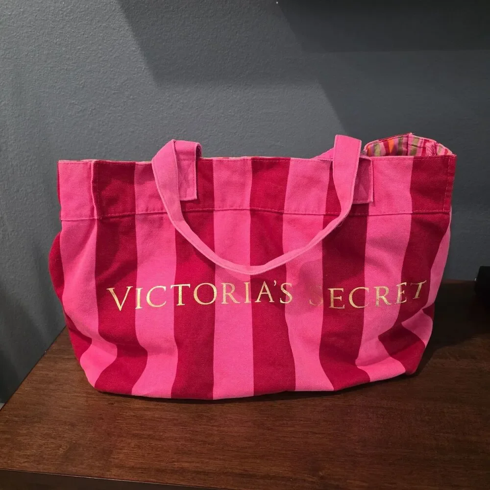 Victoria's Secret 2009 Hot Pink Striped Logo Canvas Tote Bag Reversable 18x13